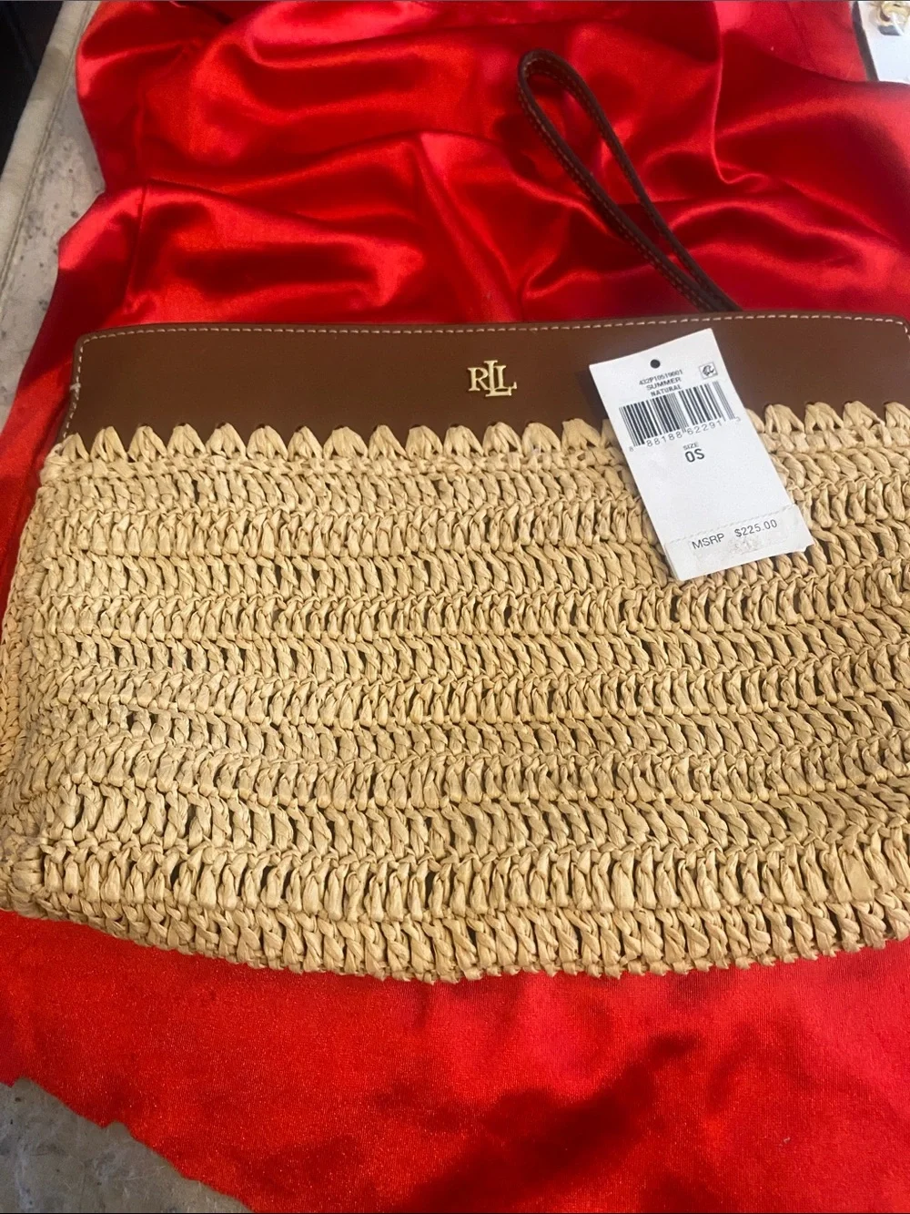 Straw and Brown Leather Wristlet Clutch - Beige